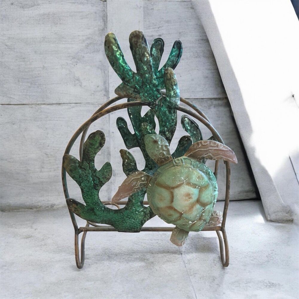Ornamental Metal Display Easel Stand Sea Turtle & Coral Green/Brown Distressed